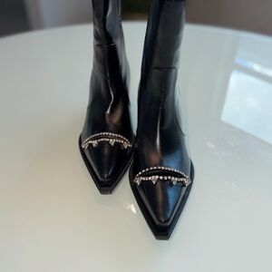 AREA Black Pointed Toe Heeled Boots with Crystal Trim